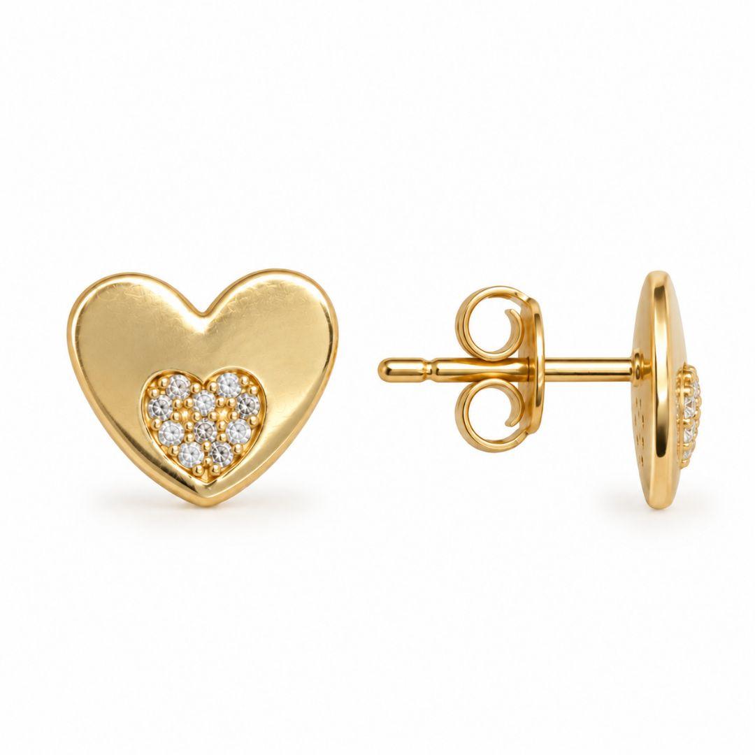 Brinco Coração com Coração em Pedras Banhado a Ouro 18k com Zircônias - 1 cm