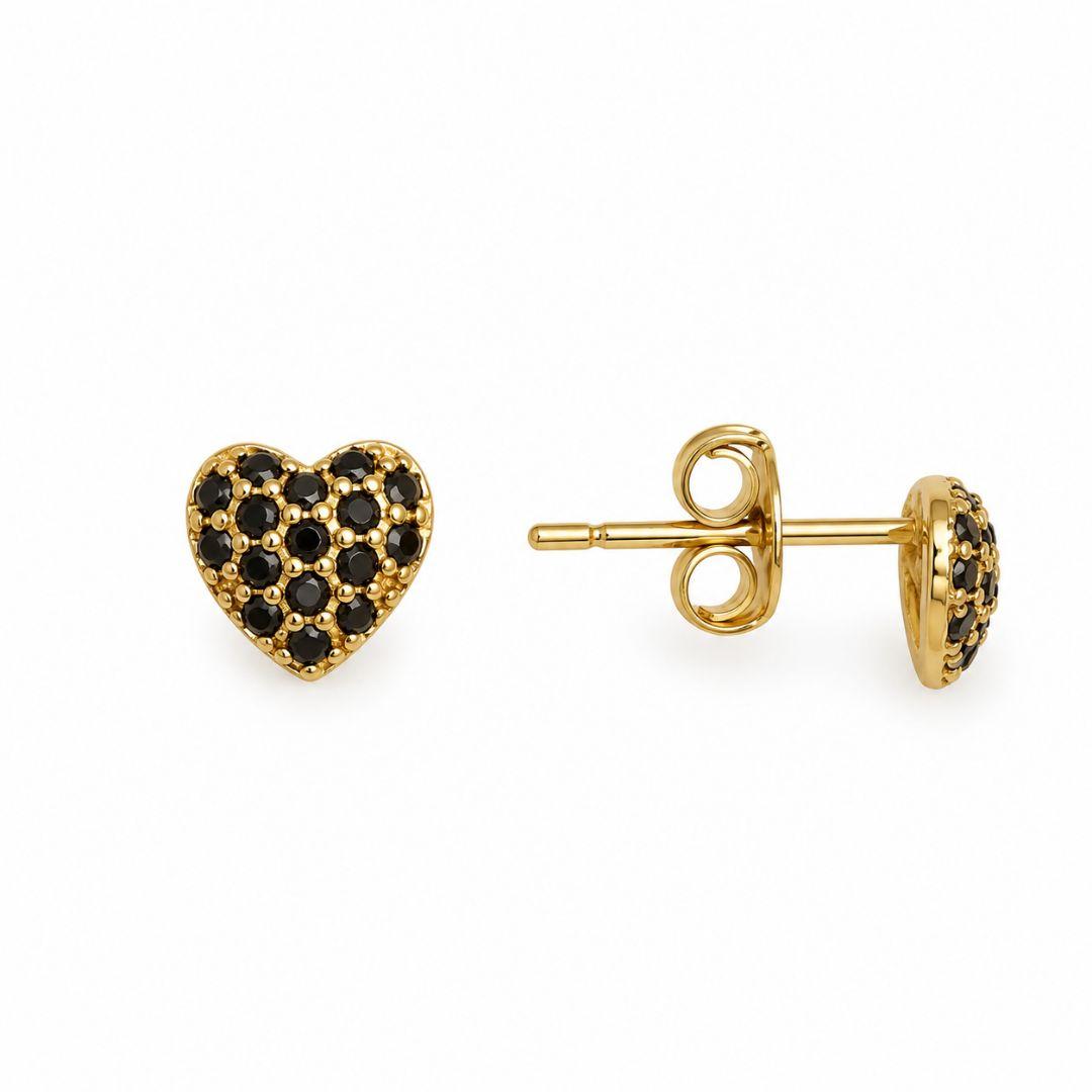 Brinco Coração Pedras Pretas Banhado a Ouro 18k com Zircônias - 6 mm