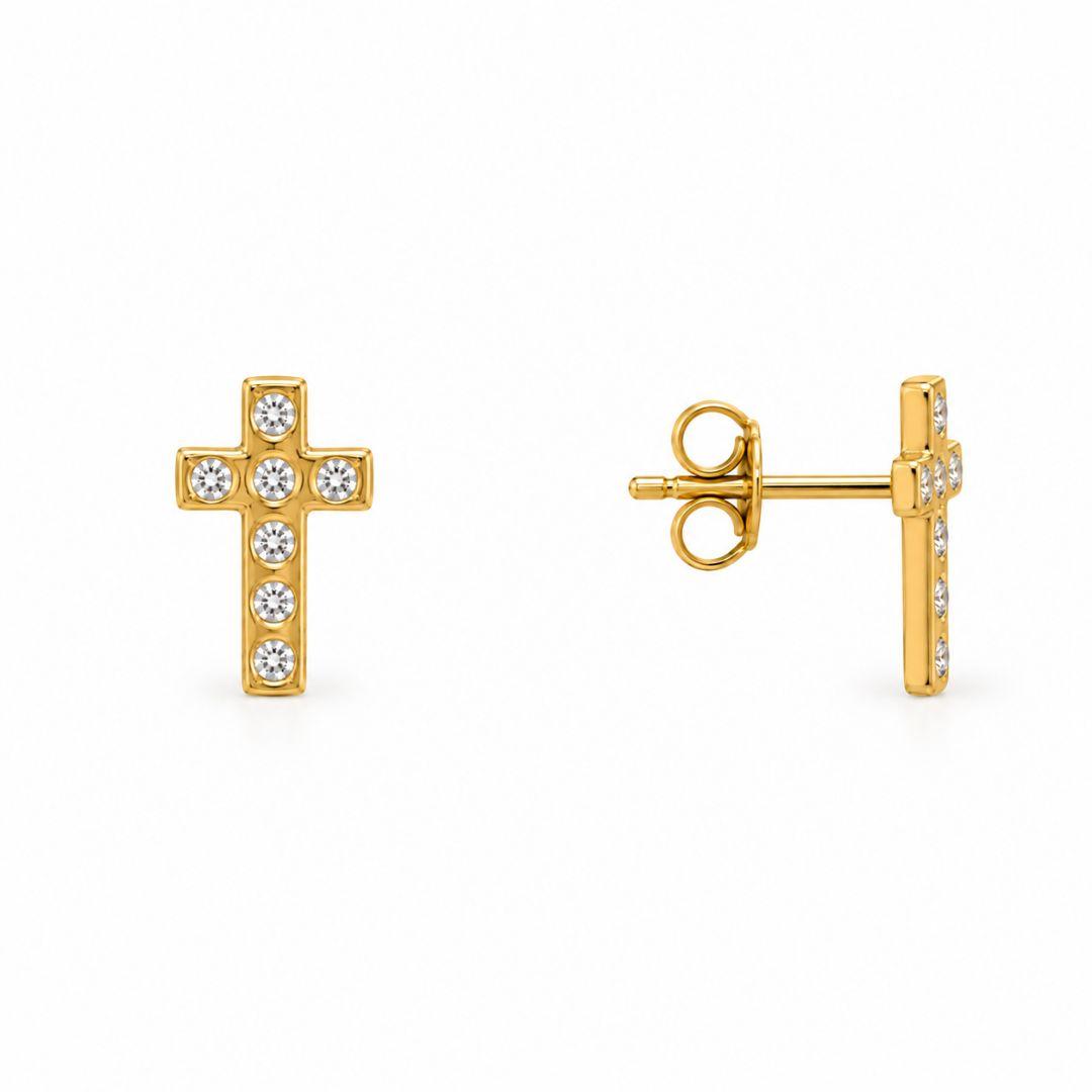 Brinco Cruz com Detalhes em Pedras Banhado a Ouro 18k com Zircônias - 1 cm
