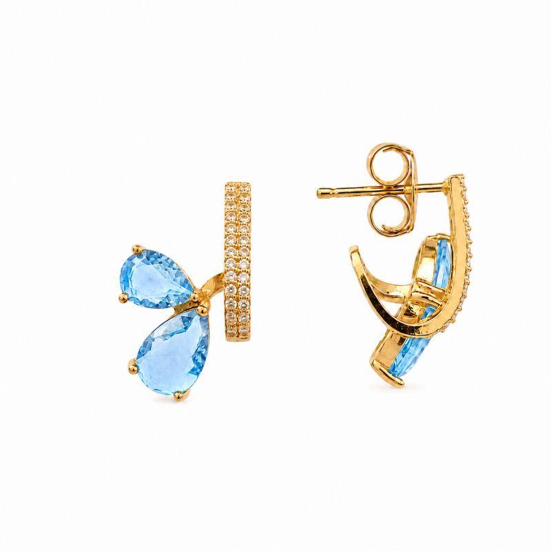 Brinco Ear Cuff 2 Gotas Azuis Frente Cravejada Banhado a Ouro 18k com Zircônias - 2 cm