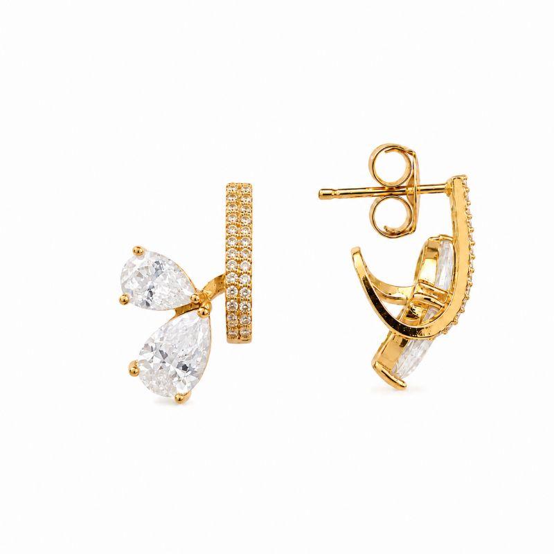 Brinco Ear Cuff 2 Gotas Frente Cravejada Banhado a Ouro 18k com Zircônias - 2 cm