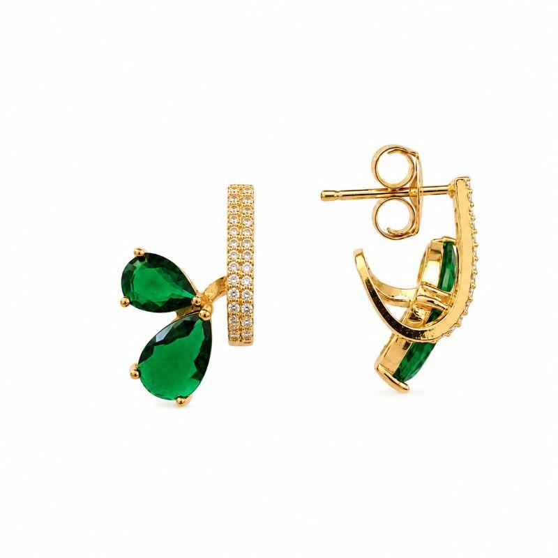Brinco Ear Cuff 2 Gotas Verdes Frente Cravejada Banhado a Ouro 18k com Zircônias - 2 cm