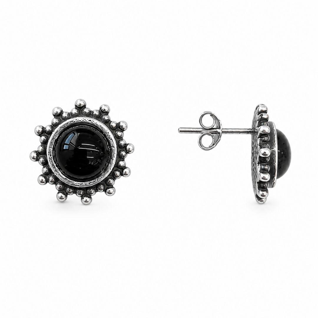 Brinco Estilo Flor com Pedra Preta Prata 925 Envelhecida - 1,3 cm