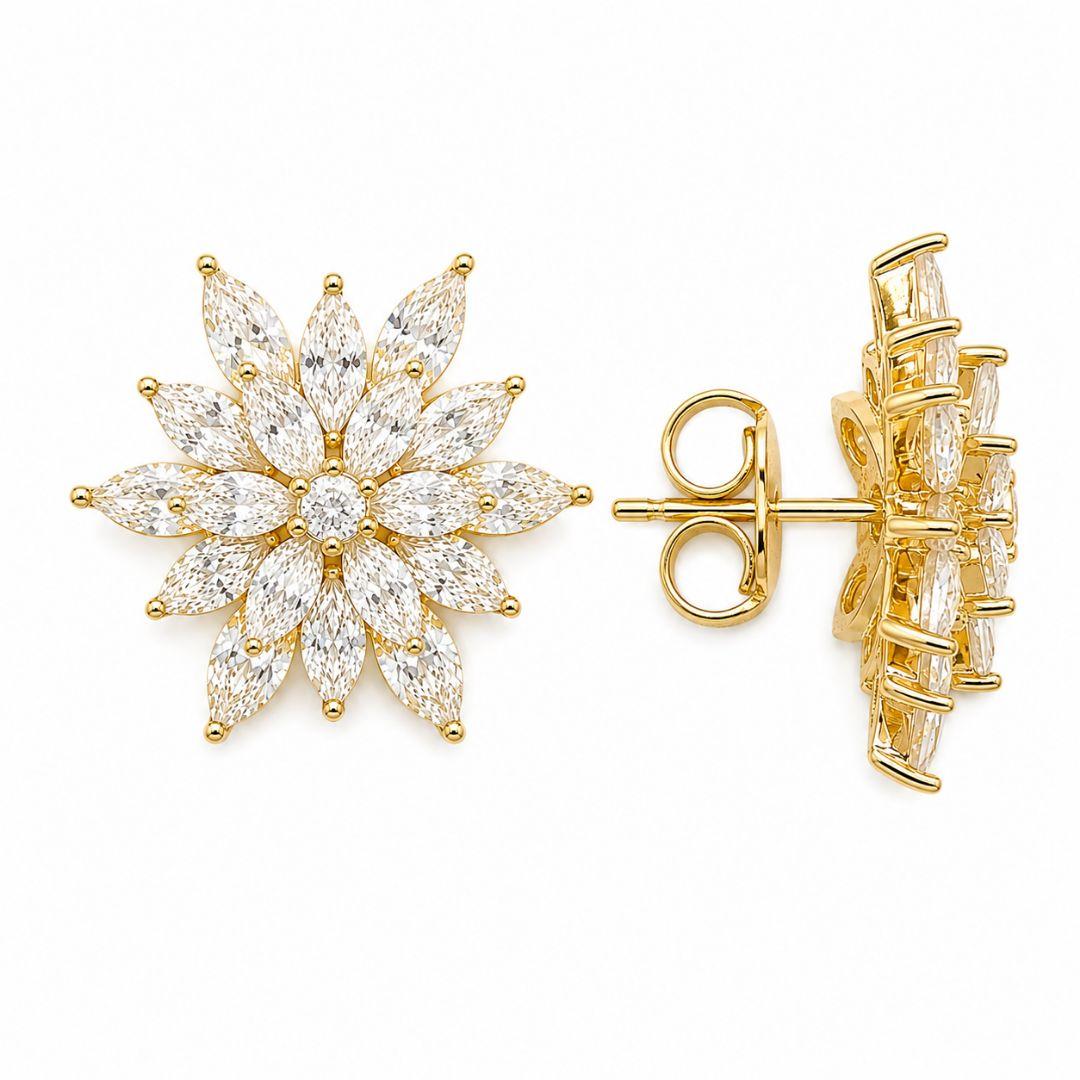 Brinco Flor de Lotus em Pedra Banhada a Ouro 18k com Zircônias - 2cm