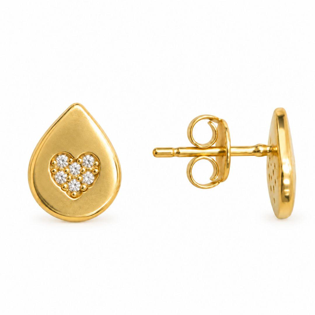 Brinco Gota com Coração Banhado a Ouro 18k com Zircônias - 1 cm