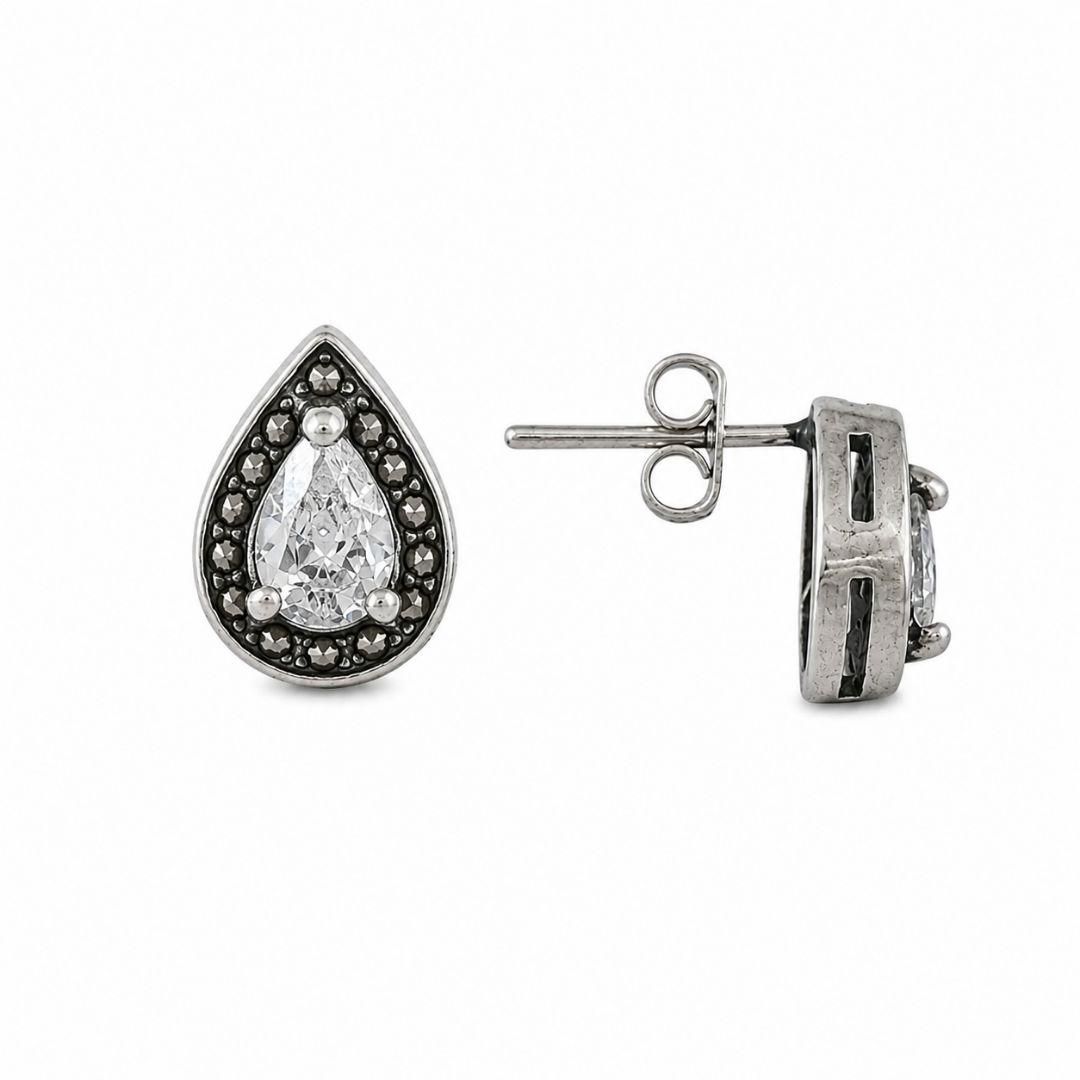 Brinco Gota Ponto de Luz com Marcassita Cravejada na Borda Prata 925 Envelhecida com Zircônias - 1,1 cm