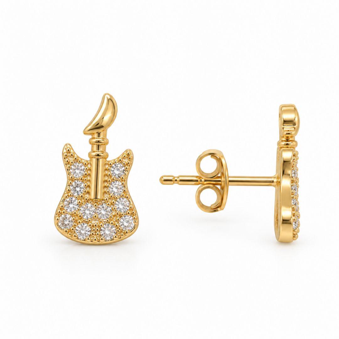 Brinco Guitarra Cravejado Banhado a Ouro 18k com Zircônias - 1,1 cm