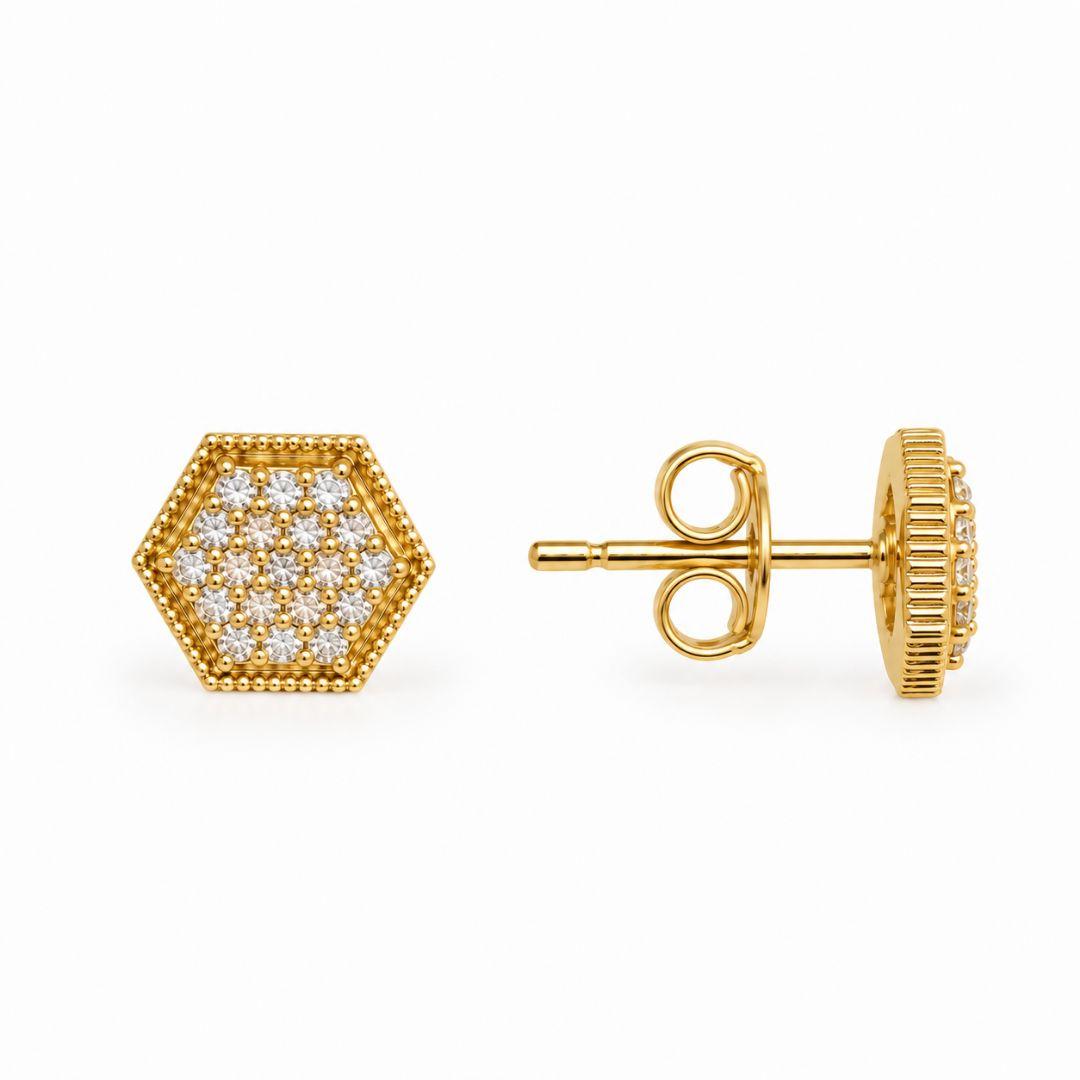 Brinco Hexágono Cravejado Banhado a Ouro 18k com Zircônias - 6 mm