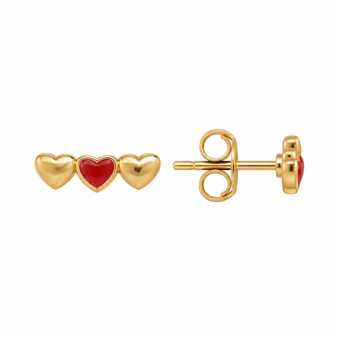 Brinco Infantil 2 Corações Lisos e 1 Vermelho Banhado a Ouro 18k - 1 cm
