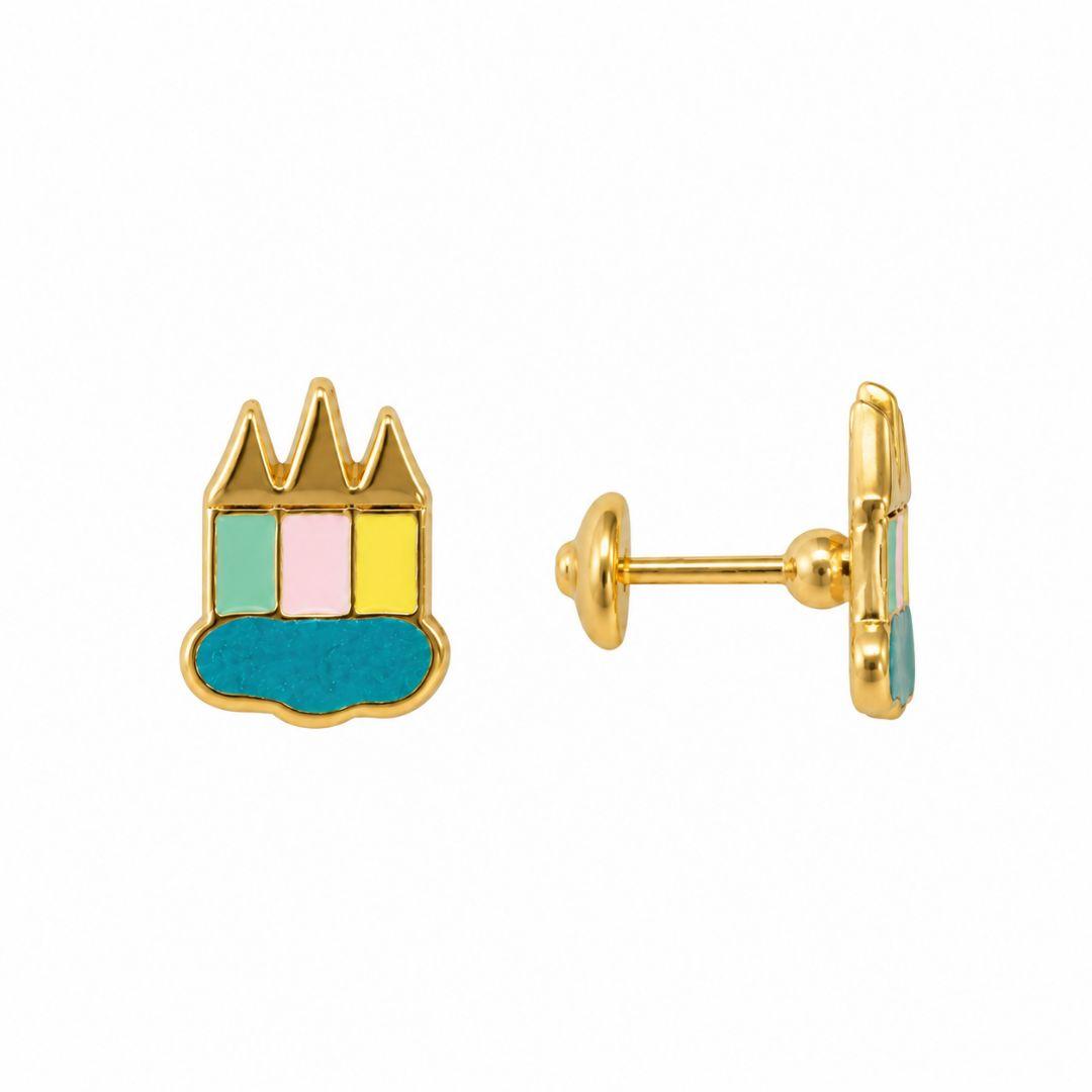 Brinco Infantil Castelo Lápis de Cor Banhado a Ouro 18k - 1,1 cm