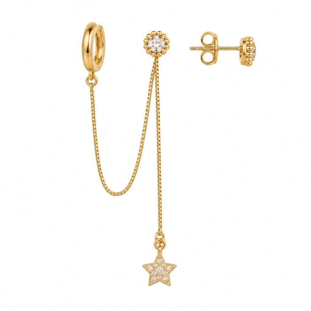 Brinco Interligado Argola e Estrela Cravejada Banhado a Ouro 18k com Zircônias
