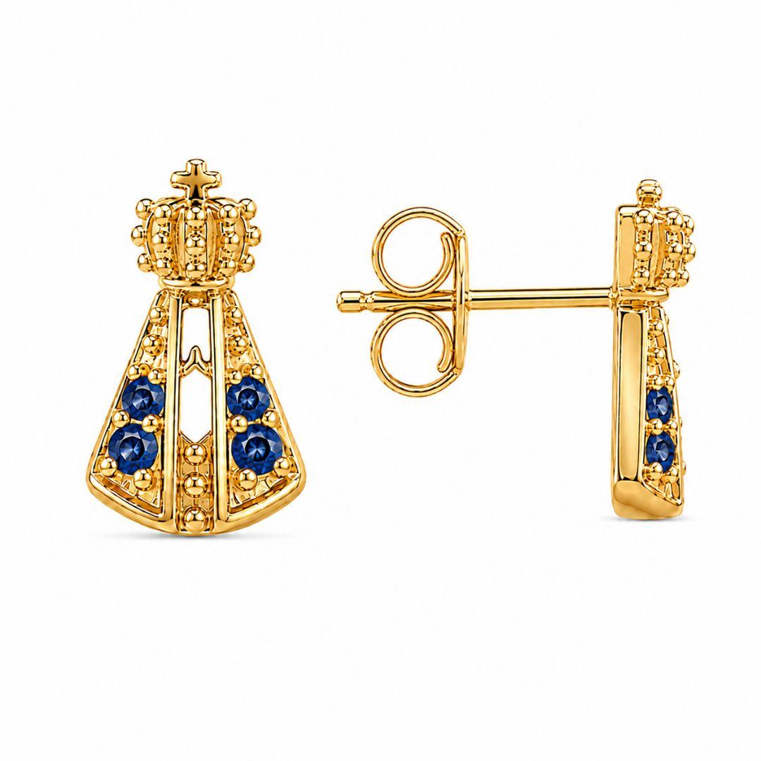 Brinco Nossa Senhora com Pedras Azuis Banhado a ouro 18k com Zircônia Azul - 8 mm