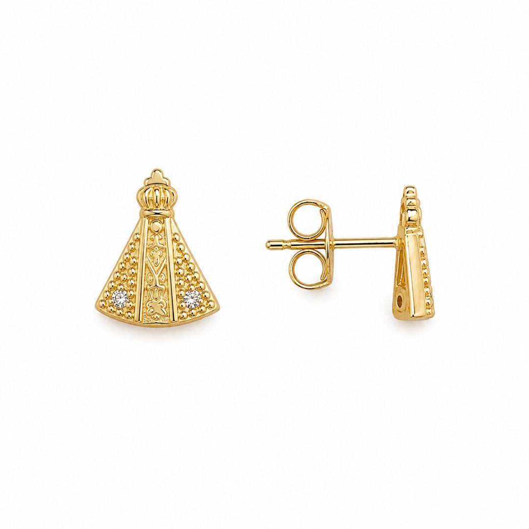 Brinco Nossa Senhora Detalhe com 2 Pedras Banhado a ouro 18k com Zircônias - 9 mm