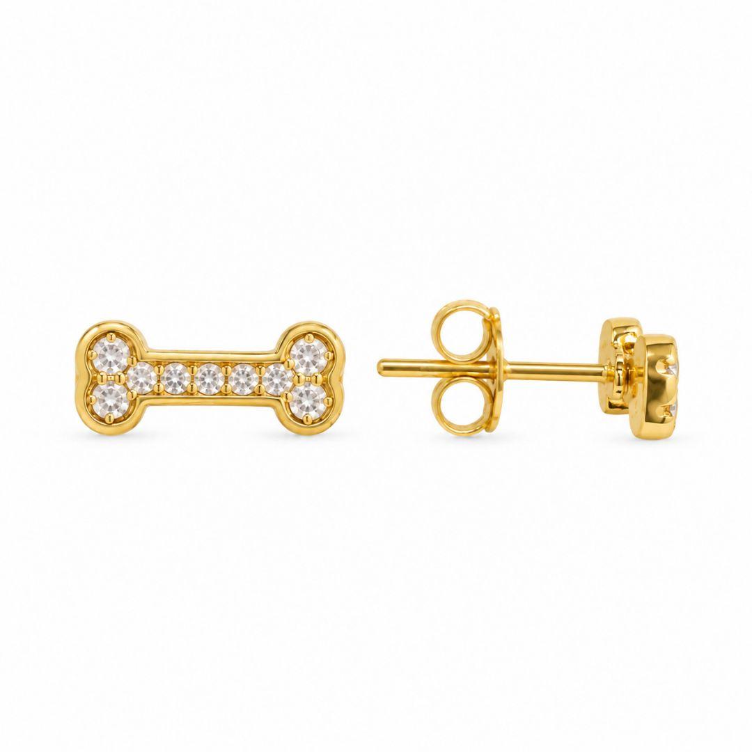 Brinco Osso Cravejado Banhado a Ouro 18k com Zircônias - 1 cm