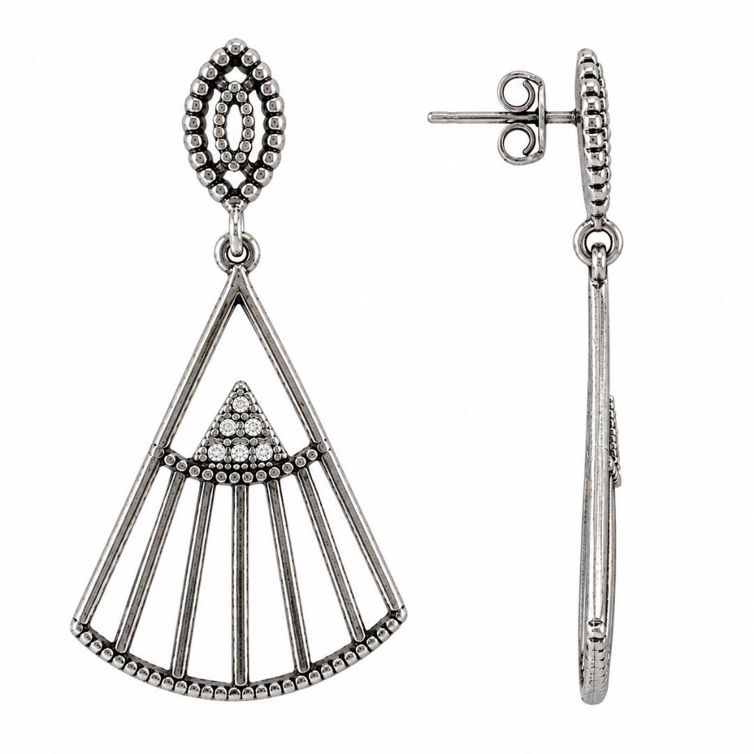 Brinco Pendente Estilo Leque Prata 925 Envelhecida com Zircônia - 4,2 cm