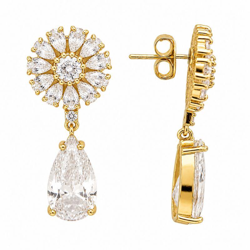 Brinco Pendente Flor e Gota Cravejado Banhado a Ouro 18k com Zircônias - 4,2 cm