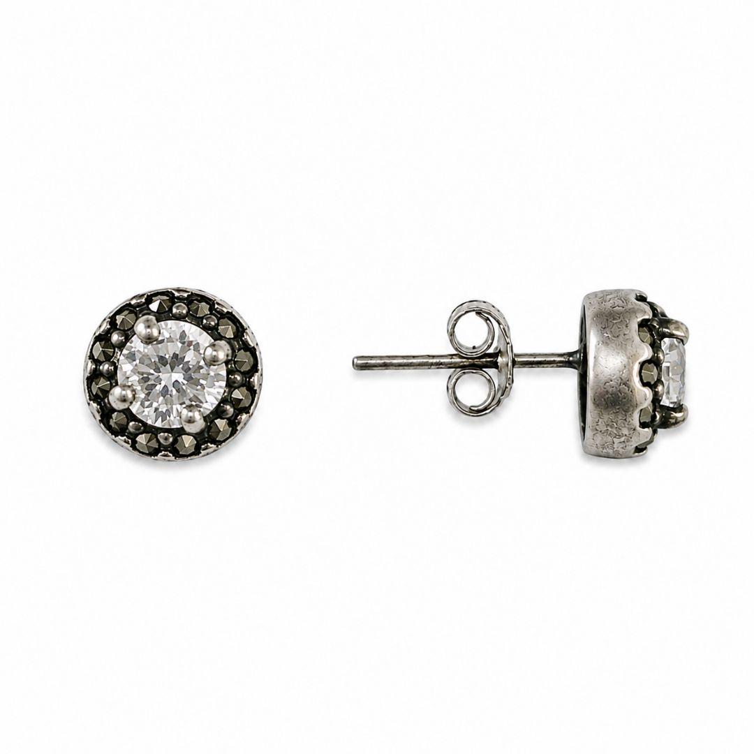 brinco Ponto de Luz Borda com Marcassita Cravejada Prata 925 Envelhecida com Zircônias - 7 mm