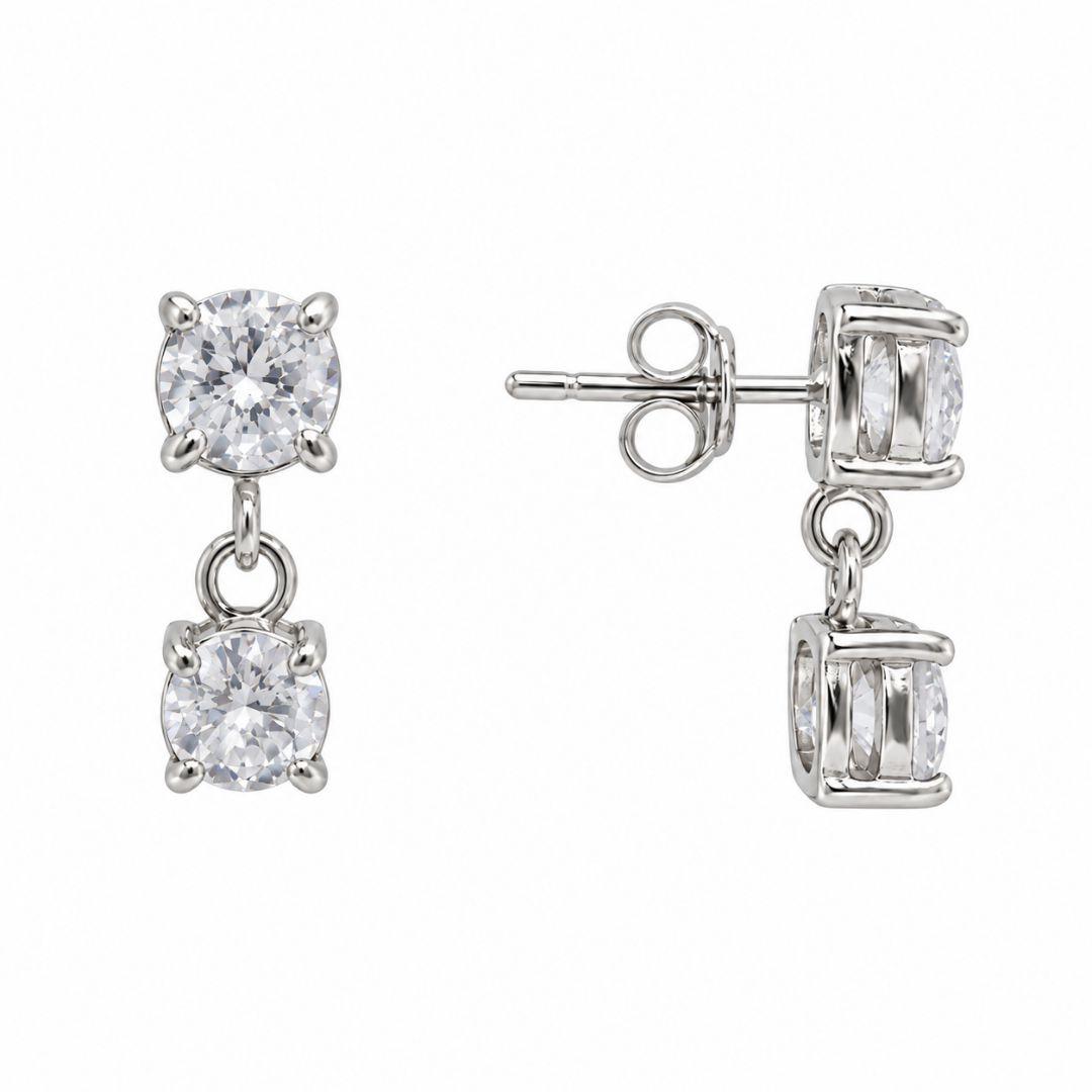 Brinco Ponto de Luz Duplo Pendente Prata 925 com Zircônias - 1,7 cm