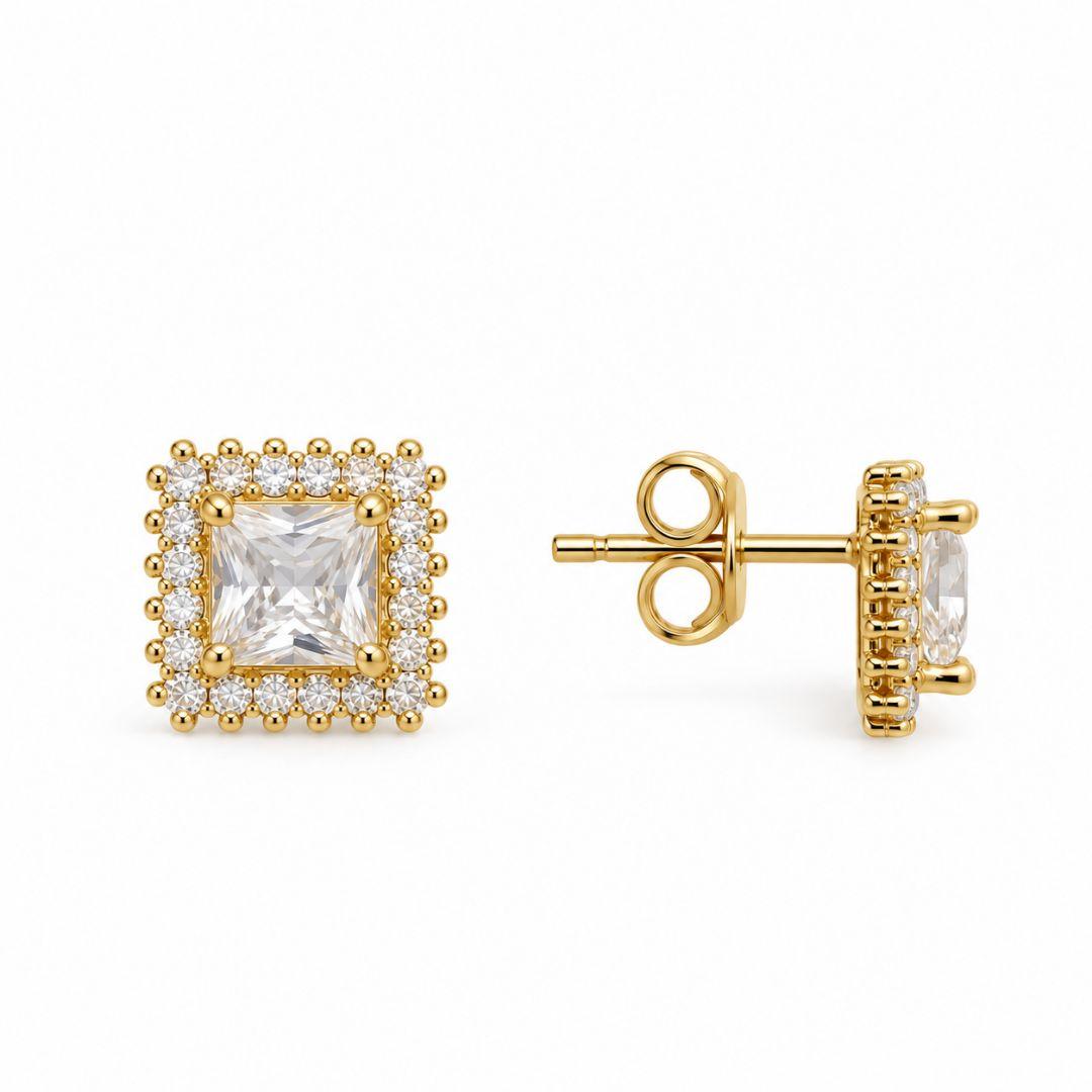 Brinco Quadrado Borda Cravejada Banhado a Ouro 18k com Zircônias - 9 mm