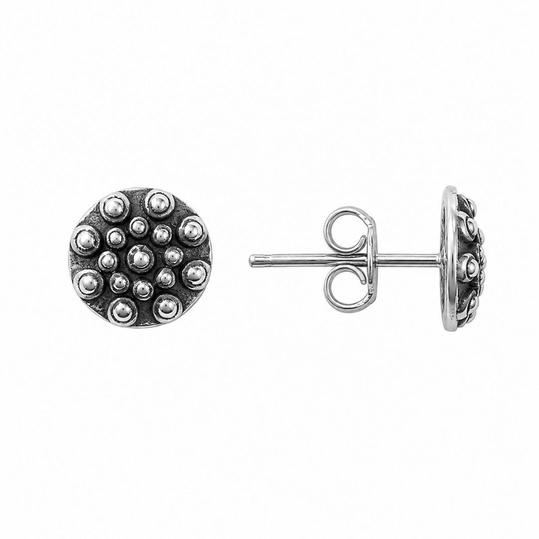 Brinco Redondo com Detalhes em Bolinhas em Relevo Prata 925 Envelhecida - 8 mm