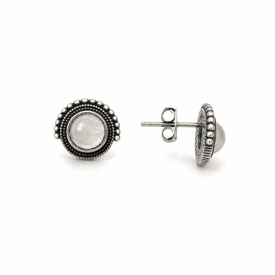 Brinco Redondo com Detalhes Pedra Central Opaca Prata 925 Envelhecida - 1,1 cm