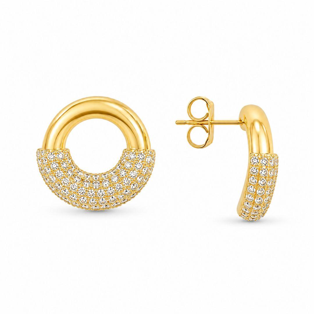 Brinco Redondo Metade Lisa e Metade Cravejada Banhado a Ouro 18k com Zircônias - 2 cm