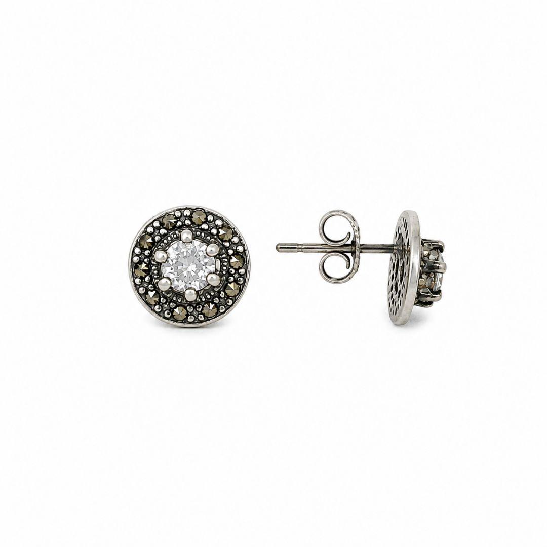 Brinco Redondo Ponto de Luz com Pedra Marcassita Prata 925 Envelhecida com Zircônias - 1 cm