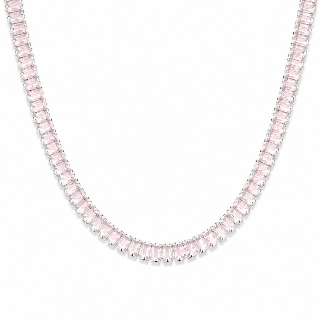 Colar Choker Riviera Baguete Rosa (6mm) Folheada a Prata com Zircônias Rosas Fecho Dobrável - 45 cm