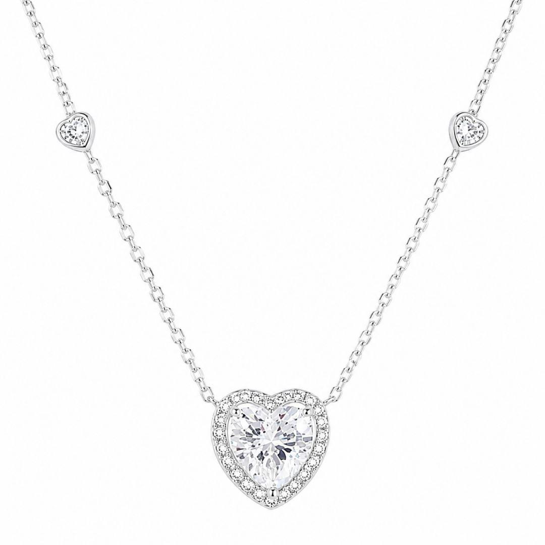 Colar Coração Ponto de Luz com Borda Cravejada e Detalhe de Pedra em Coração Prata 925 com Zircônia- 40 cm + 4,5 cm (Alongador)