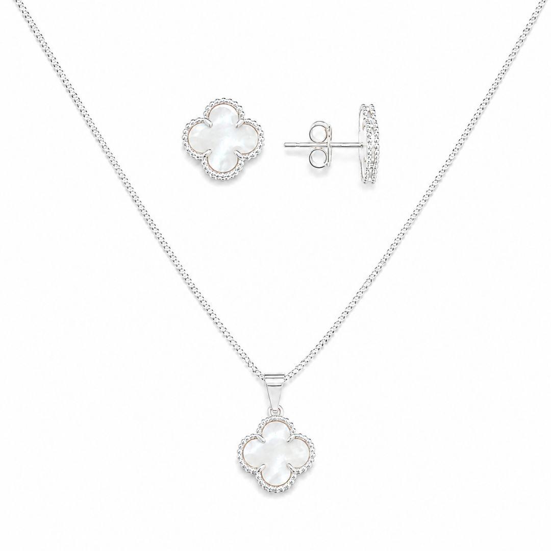 Conjunto Trevo Madrepérola Folheada a Prata - 1,1 cm