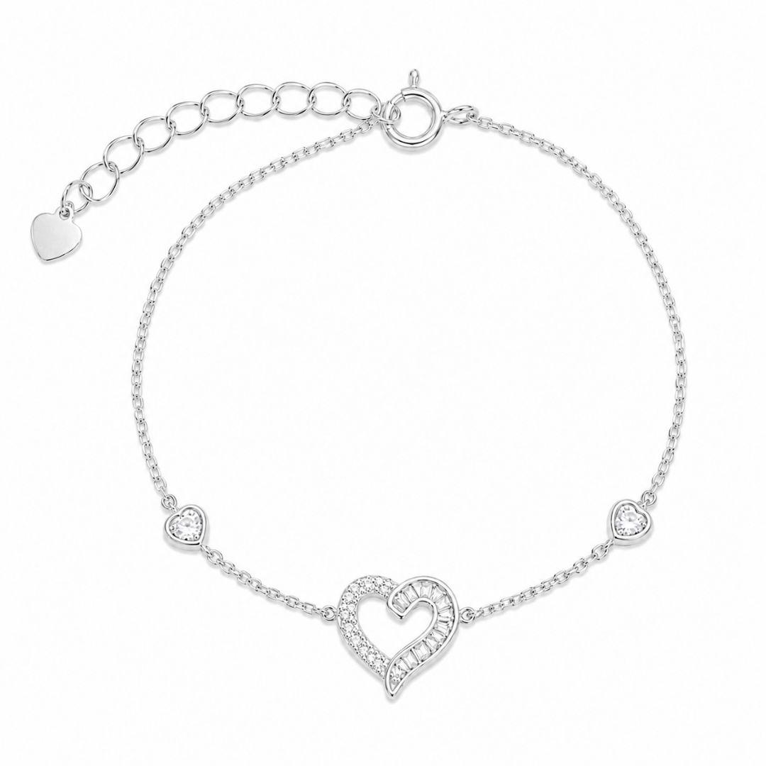 Pulseira Coração Cravejado e com Pedra Baguete Prata 925 com Zircônias - 15,5 cm + 3 cm (Alongador)