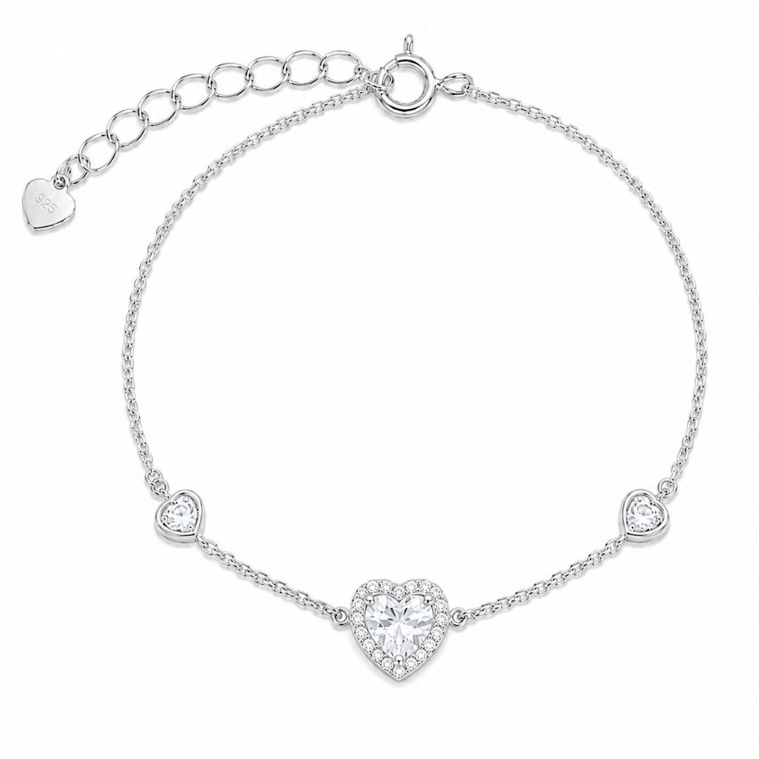 Pulseira Coração Ponto de Luz com Borda Cravejada e Detalhe de Pedra em Coração Prata 925 com Zircônia - 16 cm + 3 cm (Alongador)
