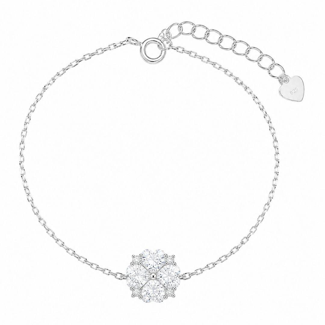 Pulseira Estilo Flor com Corações Prata 925 com Zircônias - 15,5 cm + 3 cm (Alongador)