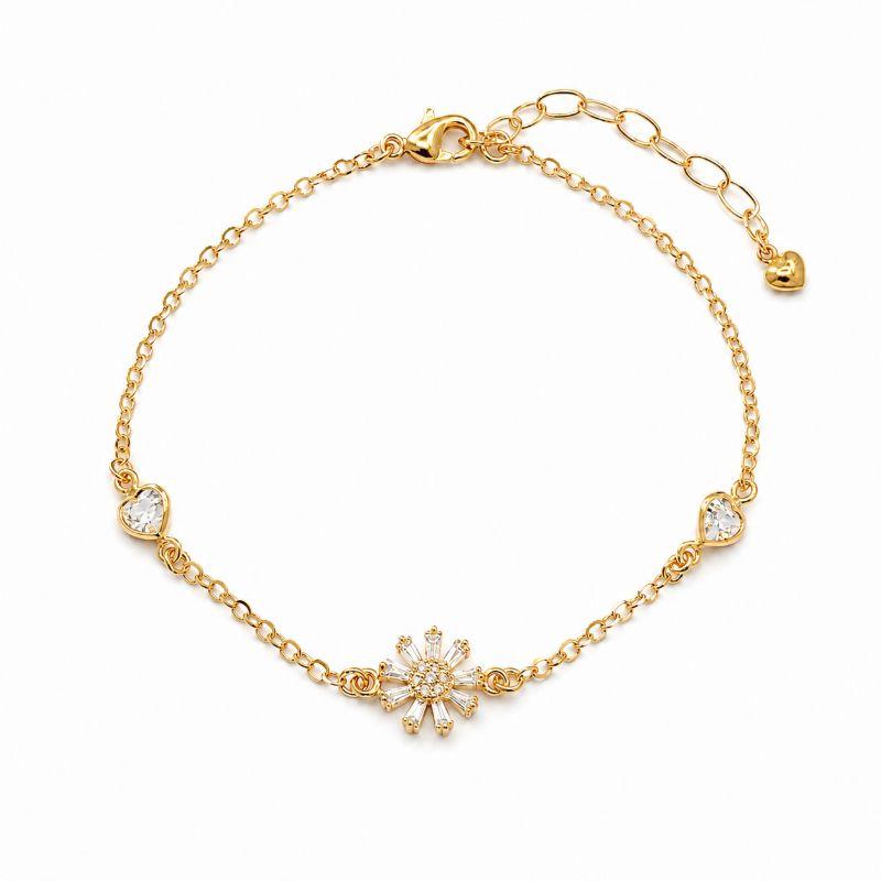 Pulseira Flor Cravejada e Corações Banhada a Ouro 18k - 16,5 cm + 3,5 cm (Alongador)