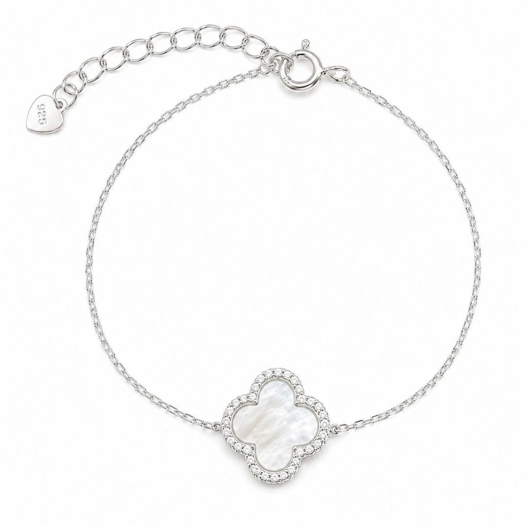 Pulseira Trevo Madrepérola com Borda Cravejada Prata 925 com Zircônias - 15,5 cm + 3 cm (Alongador)