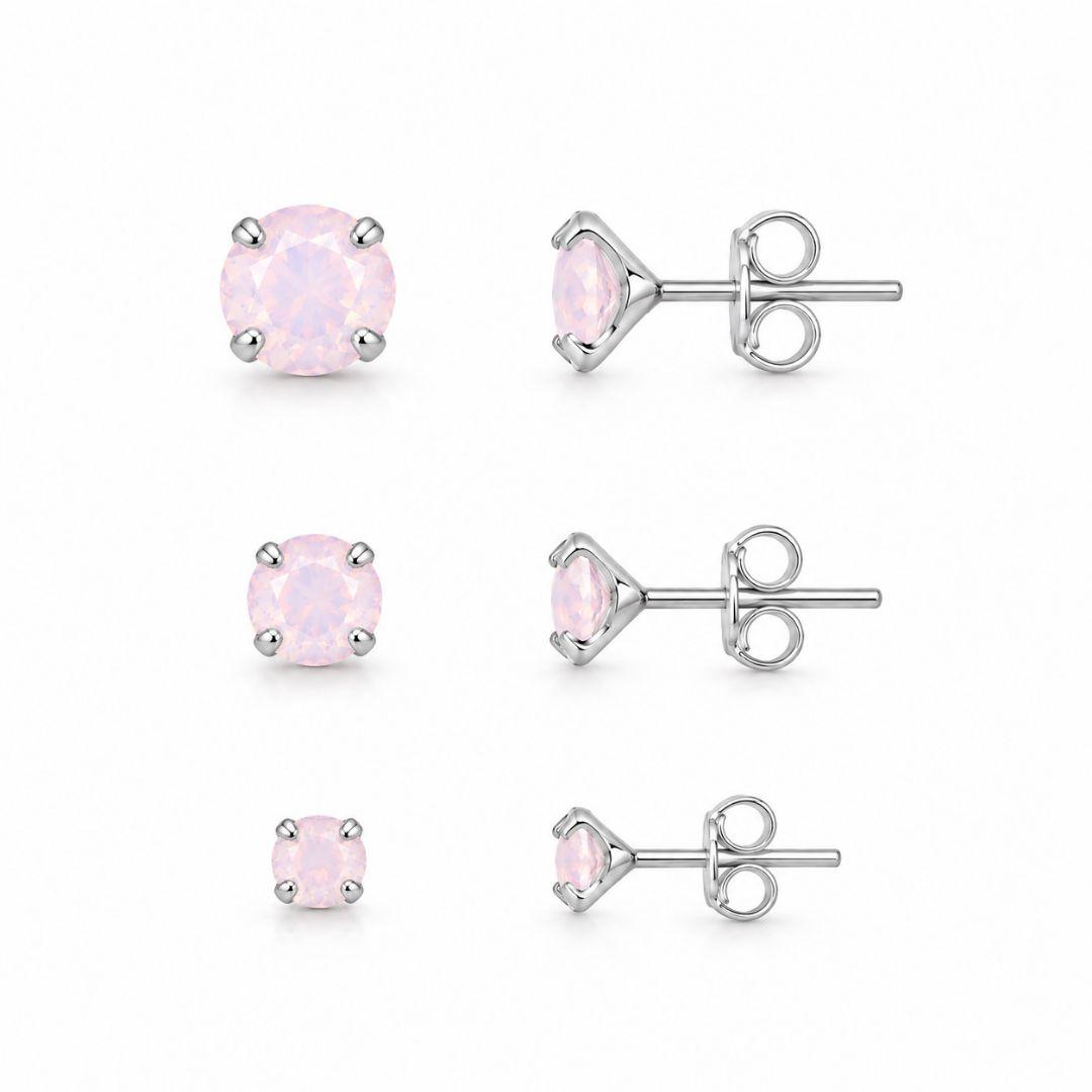 Trio de Brinco Ponto de Luz Pedras Cor Opala Rosa Prata 925 com Zircônias - 5 mm, 4 mm, 3 mm