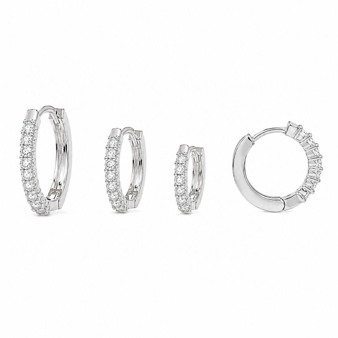 Trio de Brincos Argola 1 Linha de Pedras Folheado a Prata com Zircônias - 1,5 cm, 1,2 cm, 1 cm