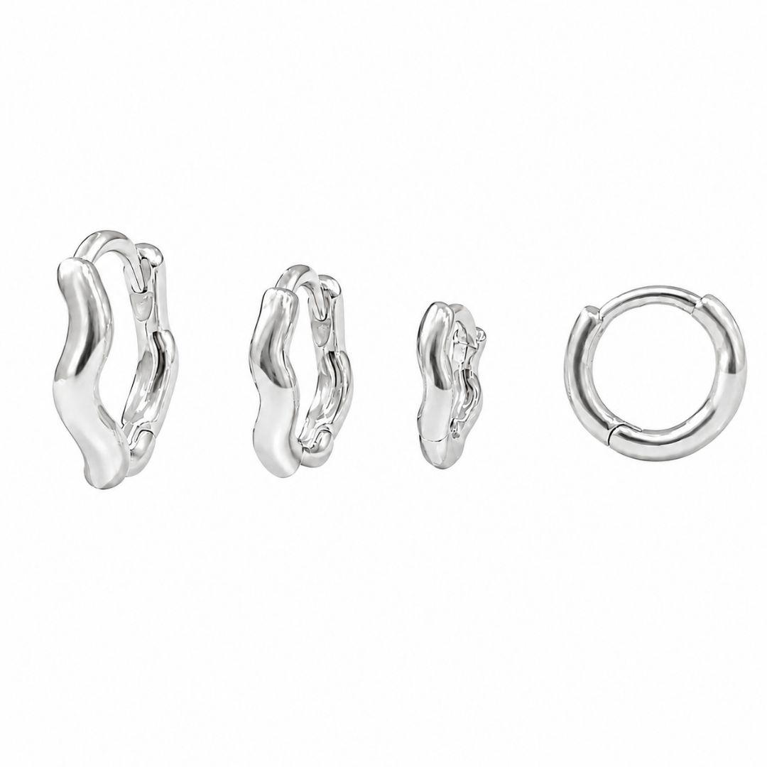 Trio de Brincos Argola Click Ondulada Lisa Folheado a Prata - 1,4 cm, 1,2 cm, 1 cm