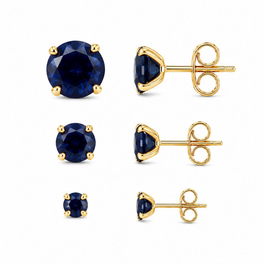 Trio de Brincos Ponto de Luz Azul Noite Banhado a Ouro 18k com Zircônia Azul - 6 mm, 4 mm, 3 mm
