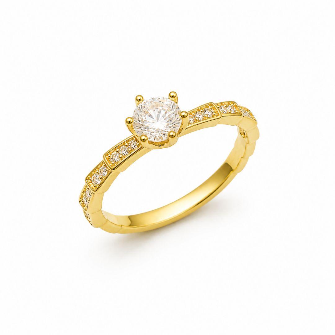 Anel Solitário Aro Estilo Escama Cravejado Banhado a Ouro 18k com Zircônias - Tam. 20