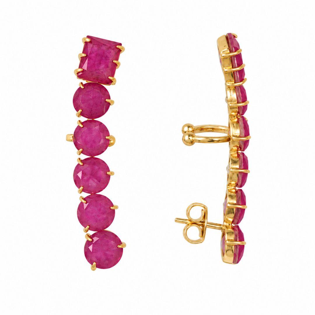 Brinco Ear Cuff Pedra Redonda e Quadrada Rosa Banhado a Ouro 18k com Zircônias - 5 cm