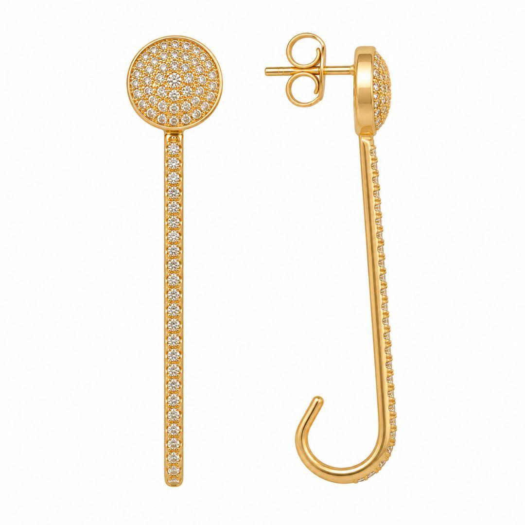 Brinco Gancho Transversal Cravejado Banhado a Ouro 18k com Zircônias - 5,7 cm