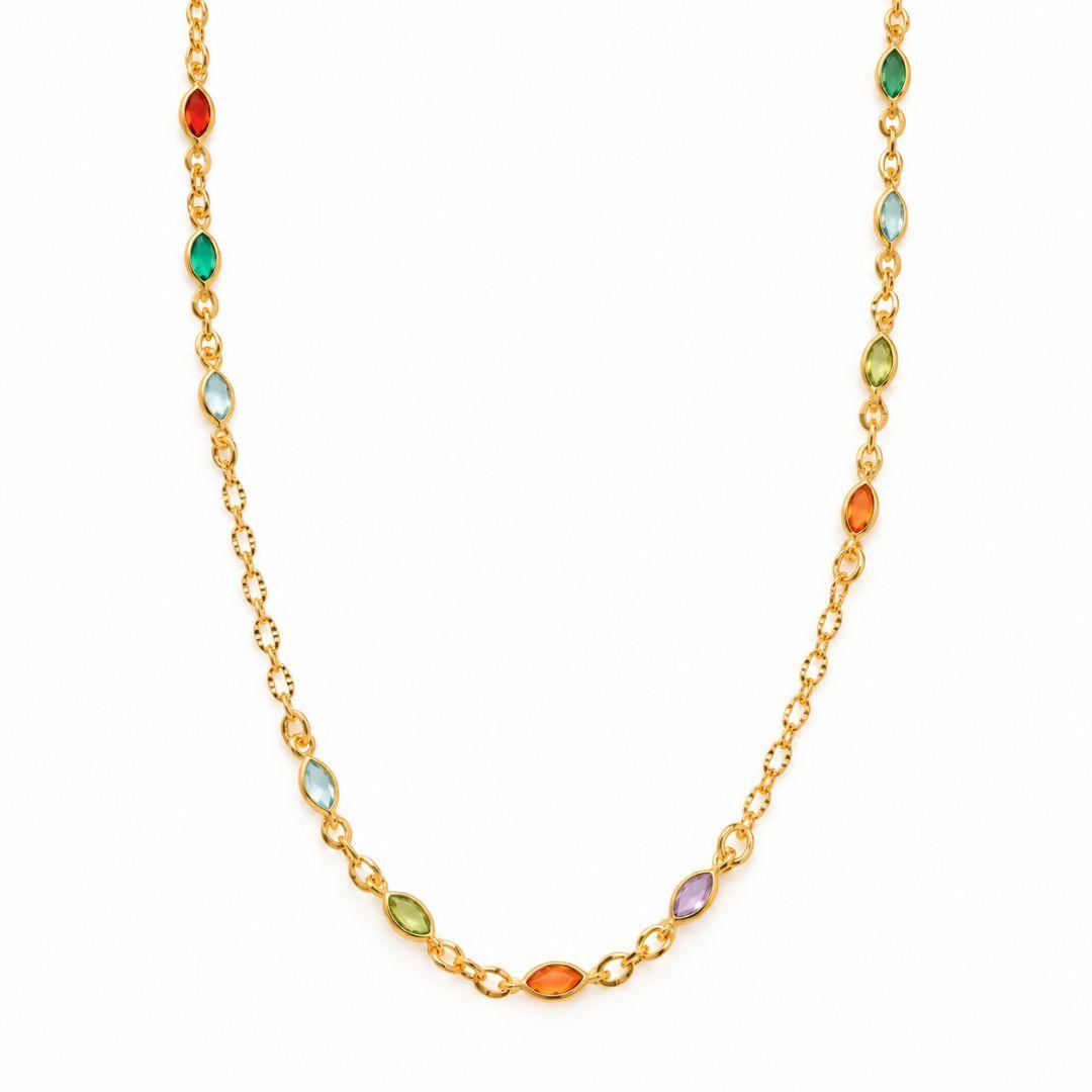 Colar Infantil Colorido Pedras Navete Banhada a Ouro 18k com Zircônias - 30 cm + 10 cm (Alongador)