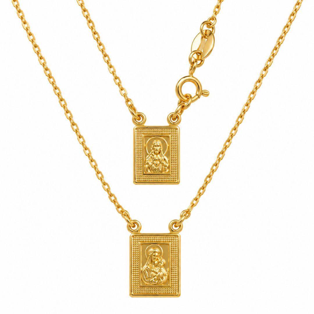 Corrente Escapulário Sagrado Coração de Jesus e Nossa Senhora do Carmo Banhado a Ouro 18k - 45cm