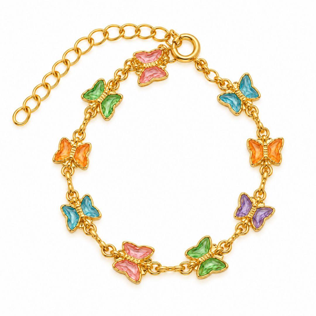 Pulseira Infantil Borboletas Coloridas Banhada a Ouro 18k com Zircônias - 12,5 cm + 4,5 cm (Alongador)