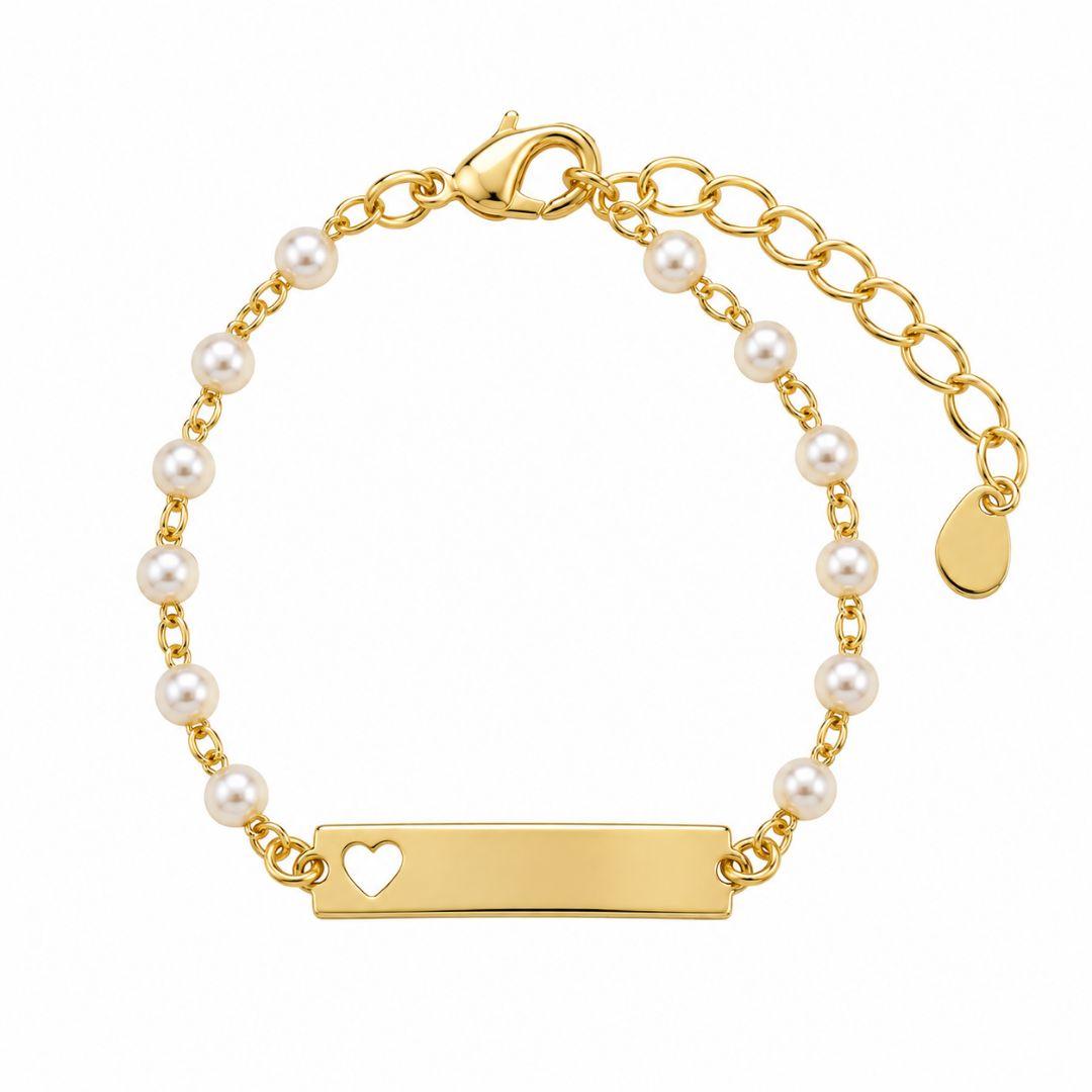 Pulseira Infantil Chapa com Coração Vazado e Perolas Banhada a Ouro 18k - 11,5 cm + 3 cm (Alongador)