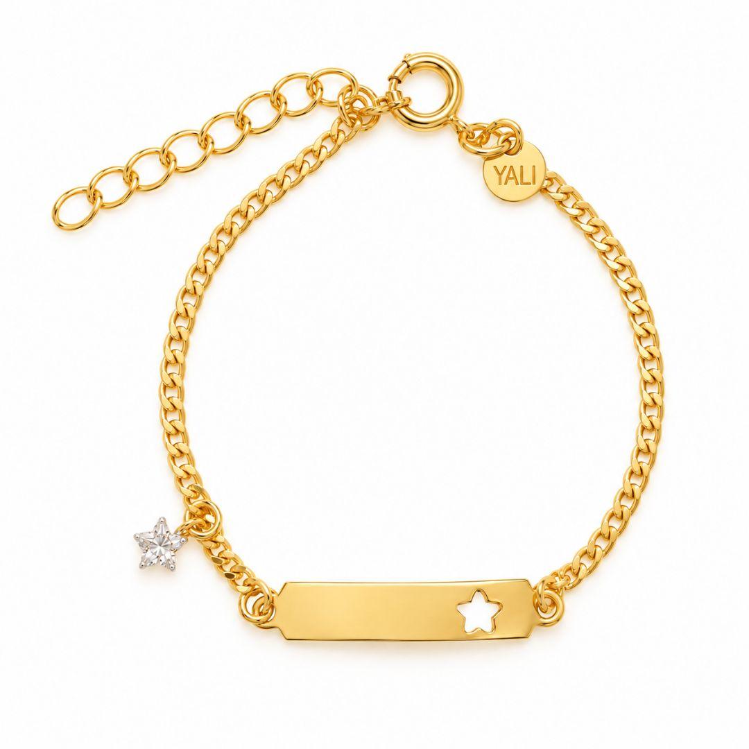 Pulseira Infantil Chapa Estrela Vazada e Estrela em Pedra Banhada a Ouro 18k com Zircônia - 11,5 cm + 3 cm (Alongador)