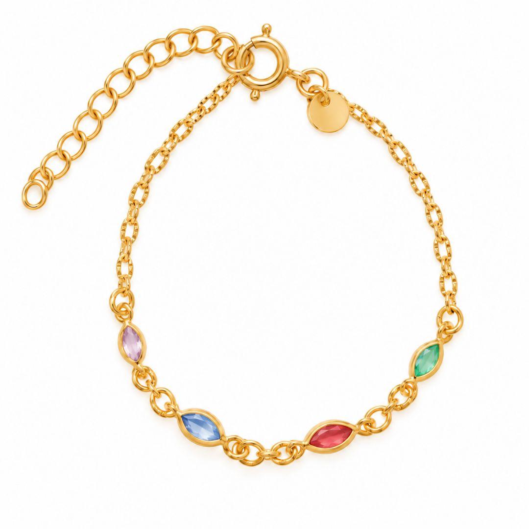 Pulseira Infantil Colorido Pedras Navete Banhada a Ouro 18k com Zircônias - 11,5 cm + 3,5 cm (Alongador)