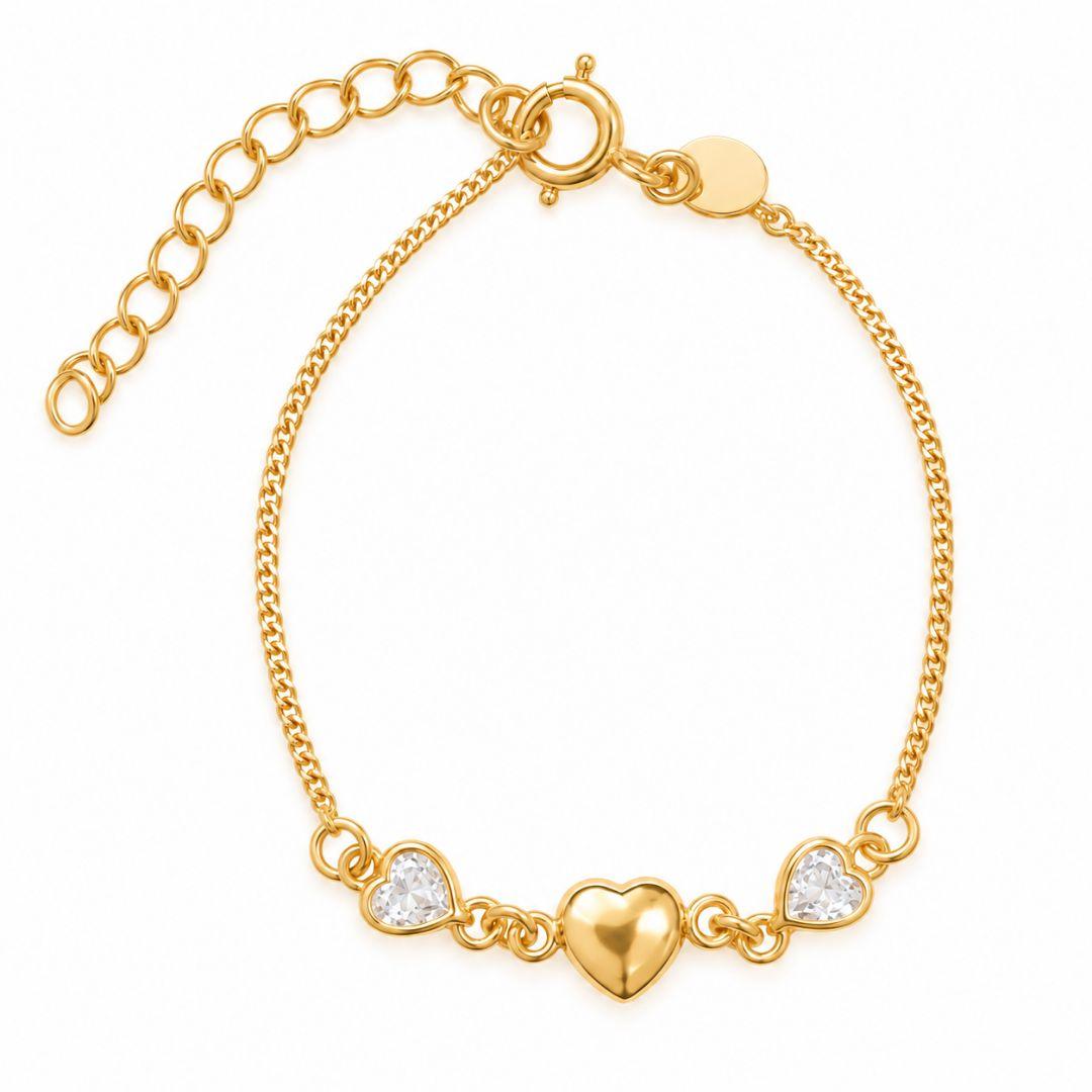 Pulseira Infantil Coração Liso e Coração em Pedra Banhada a Ouro 18k com Zircônia - 12,5 cm + 4 cm (Alongador)